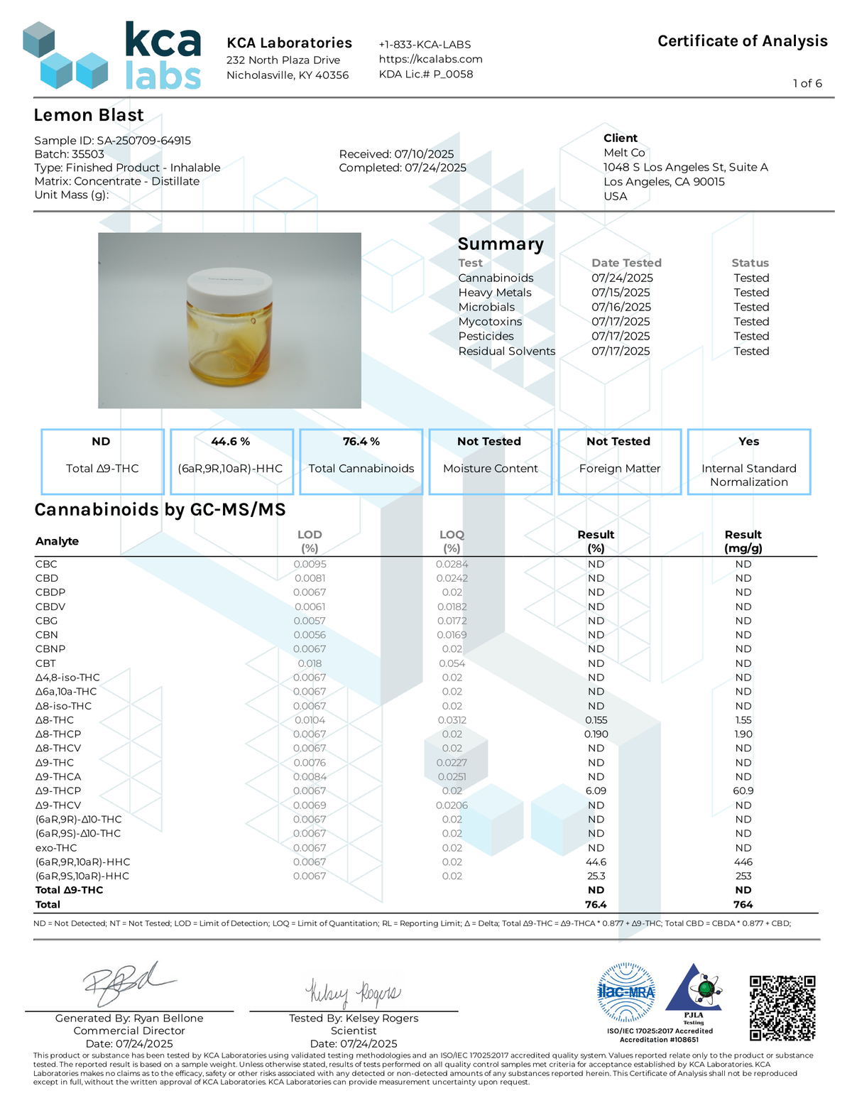 Lab report - Lemon Blast AMF Blend potency analysis certificate (COA)