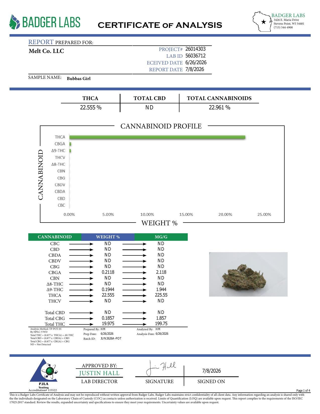 Lab report - Bubba's Girl THCA potency analysis