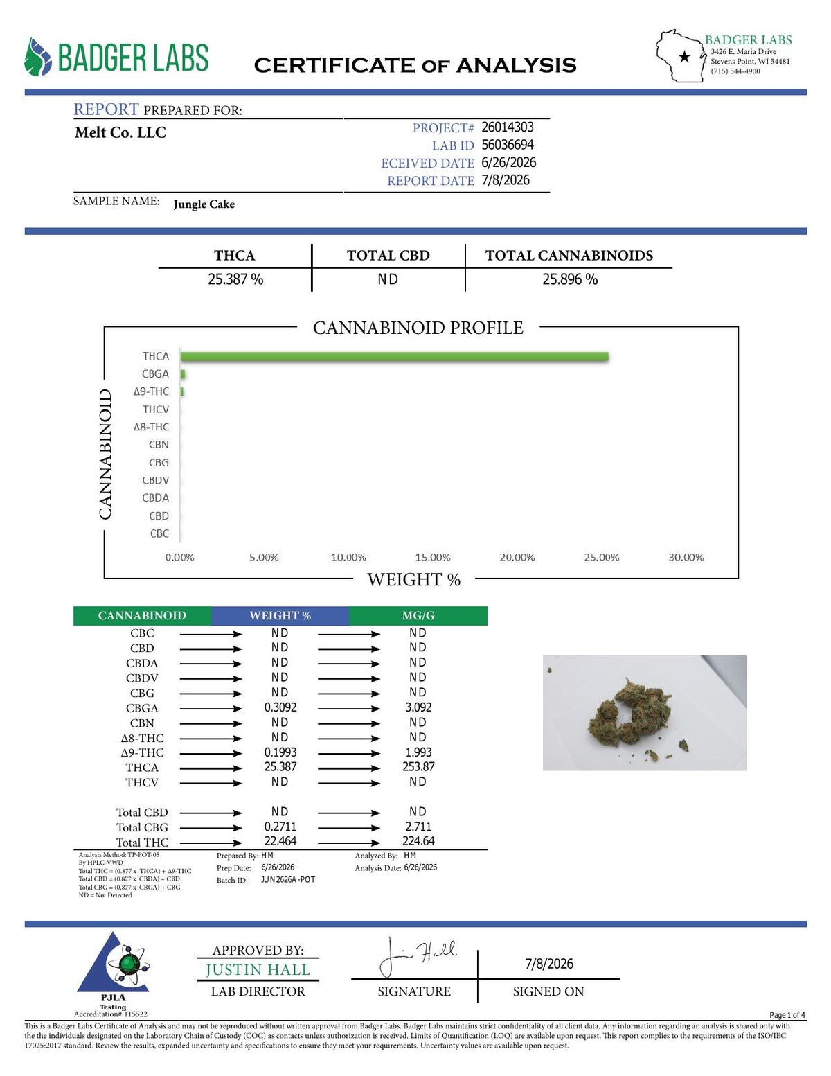 Lab report - Jungle Cake THCA potency analysis