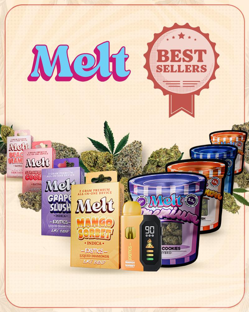  "Melt Official best selling THCA products - featuring Peach Flambe, Strawberry Cooler, Grape Slush, Mango Sorbet vapes and Blue Cookies, Purple Kush, Blue Dream flower jars"