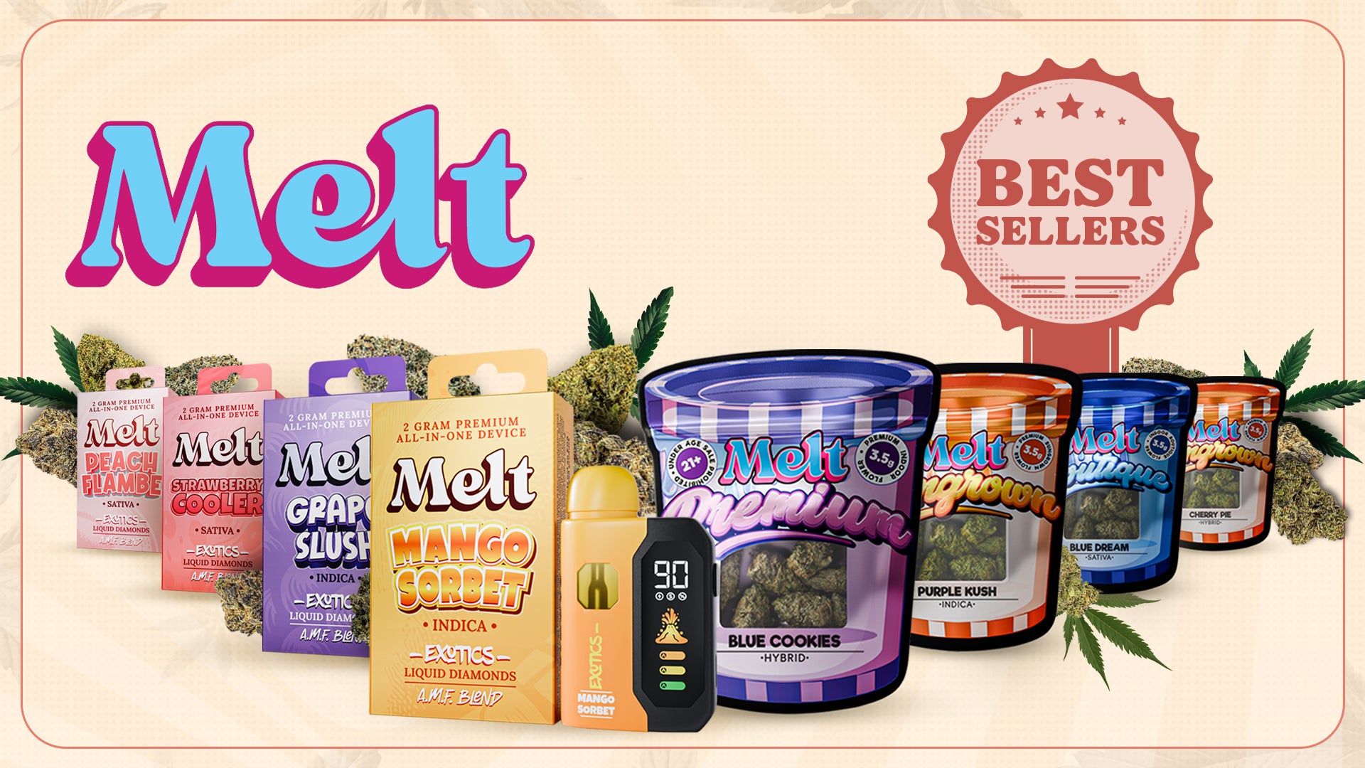  "Melt Official best selling THCA products - featuring Peach Flambe, Strawberry Cooler, Grape Slush, Mango Sorbet vapes and Blue Cookies, Purple Kush, Blue Dream flower jars"