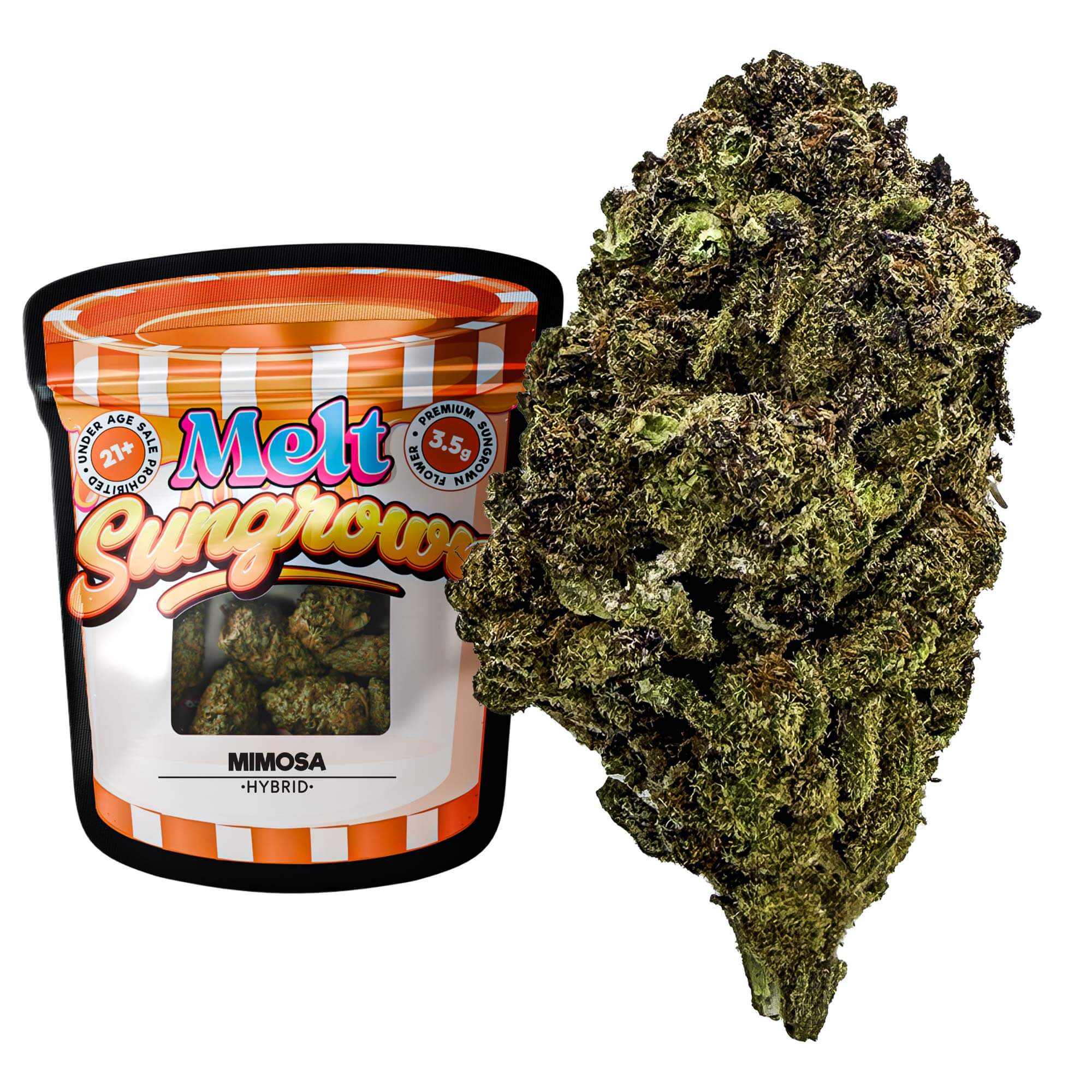 Mimosa Hybrid THCA Flower in a container with vibrant green buds and uplifting citrus flavor for daytime use.