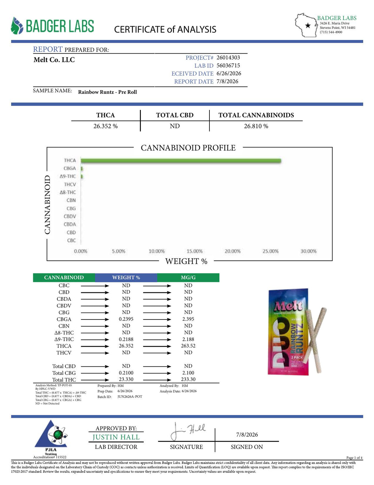 Lab report - Rainbow Runtz Duo Preroll THCA potency analysis